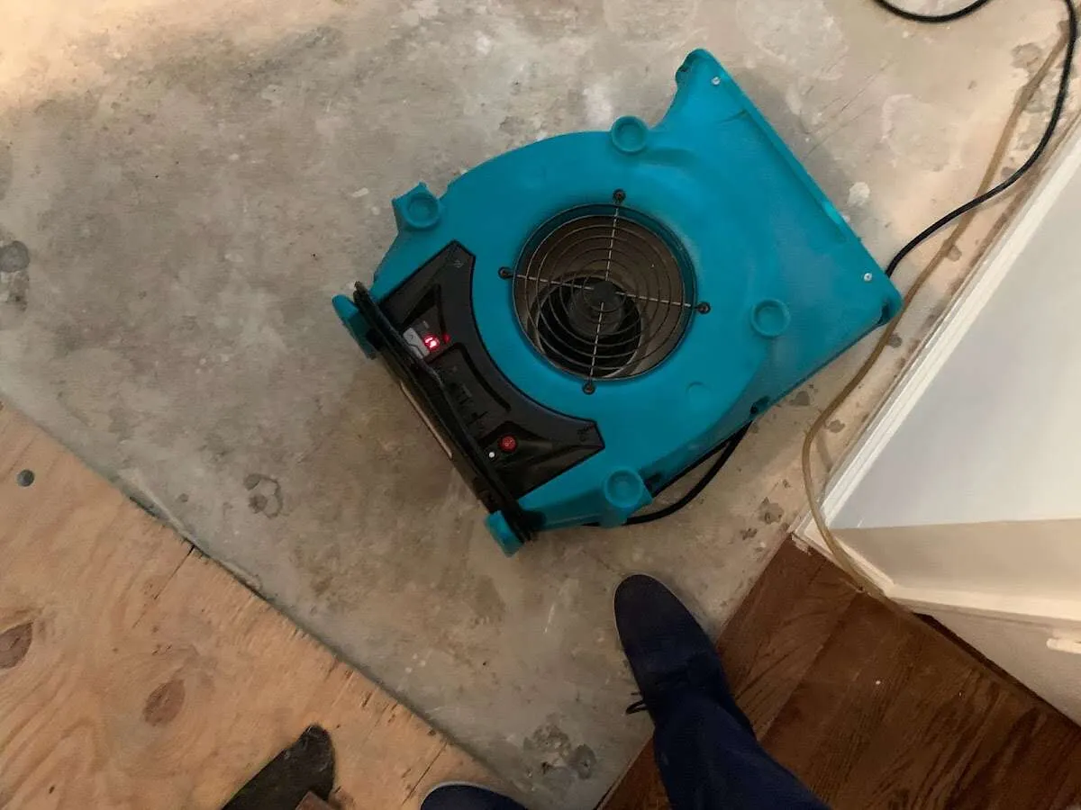 Air mover drying subfloor during Commercial Water Damage Restoration in Castro Valley
